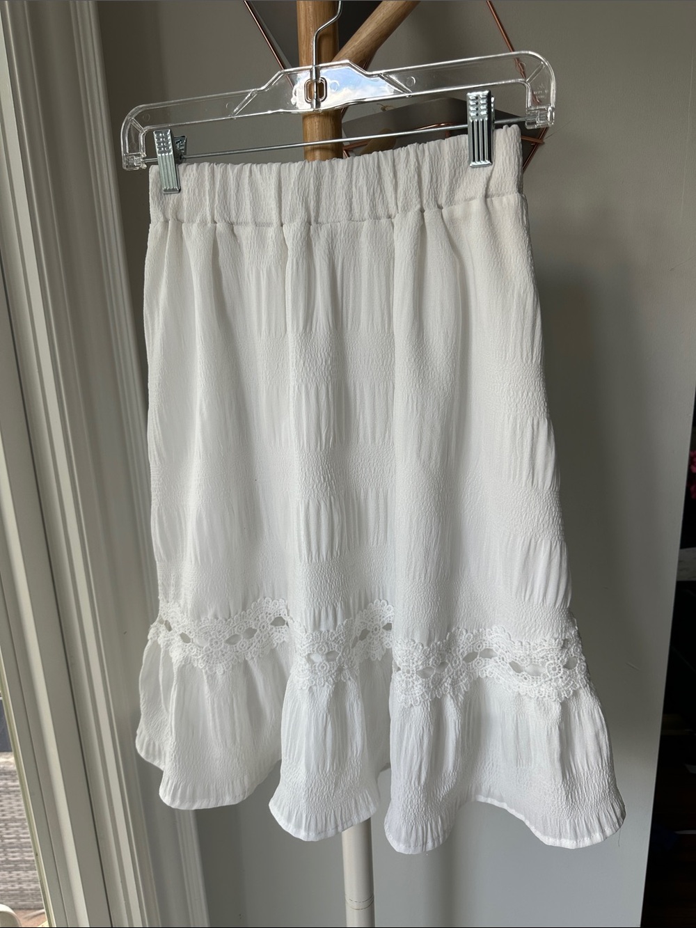 Women's White Lace-Trim Midi Skirt Ruffles Tiered Boho One Size Fits Small